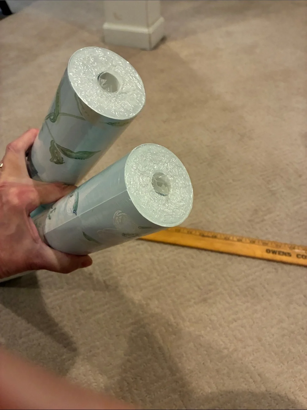 Two unopened rolls Floral Vine Wallpaper in Light Blue and White